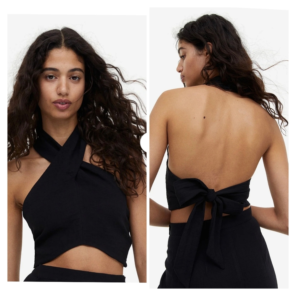 H&M Black Halter Neck Back Tie Twist Crop Top Size XL